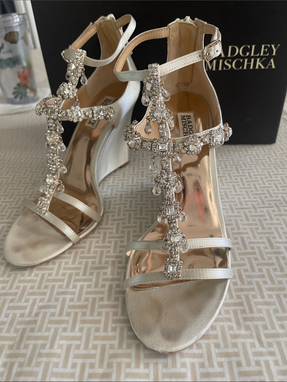 Badgley Mischka Ivory Satin T-Strap Crystal Embellished Heels